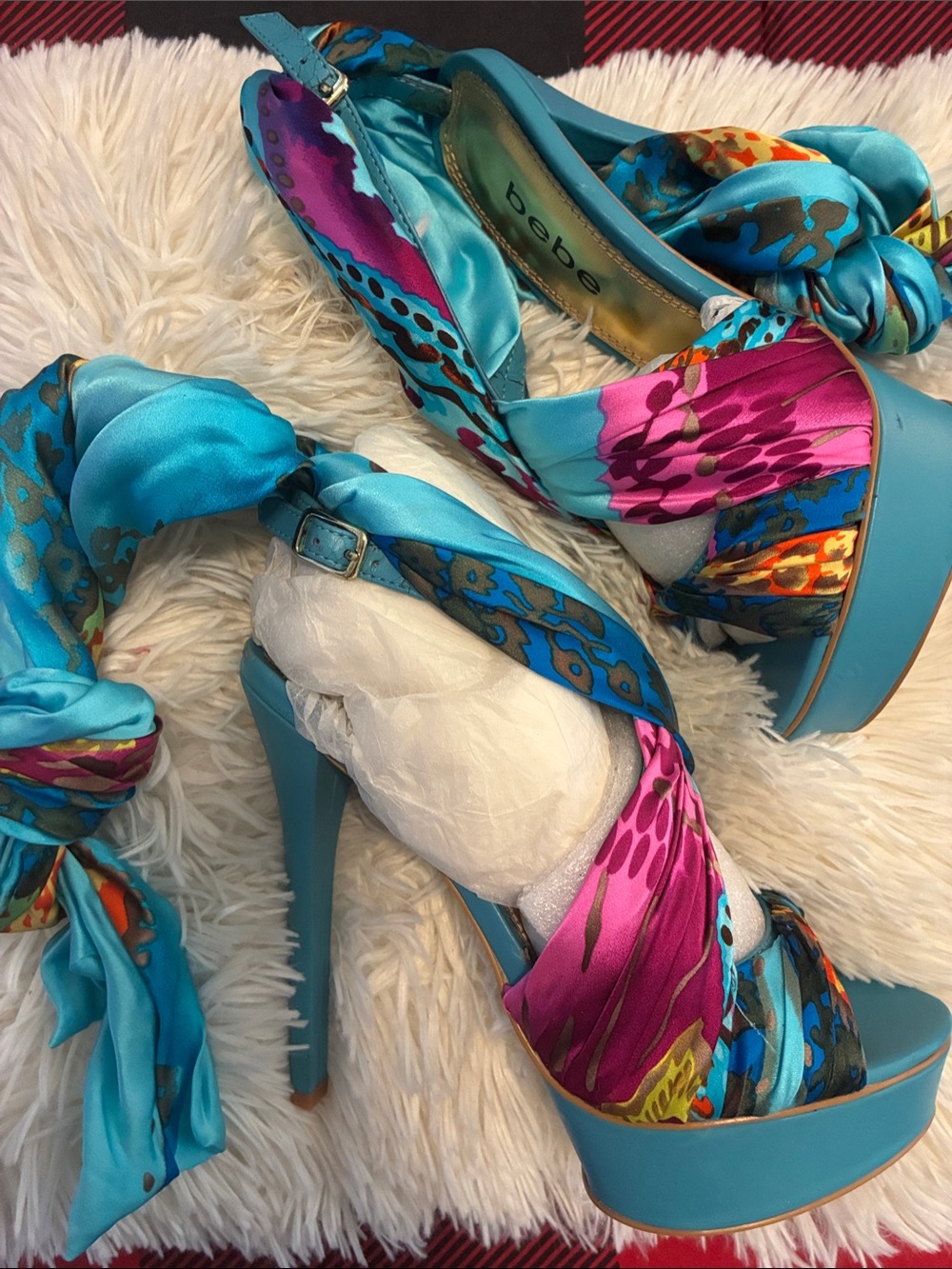 bebe Turquoise Satin Platform Heels with Multicolor Scarf Wrap size 6